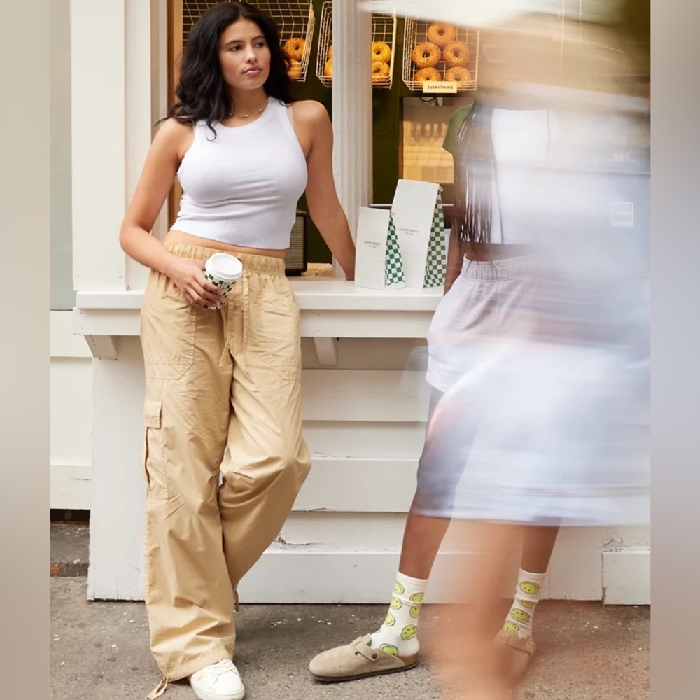 Aerie Avenue Baggy Cargo High Waisted Pant Tan Field Khaki with Bottom Drawcord